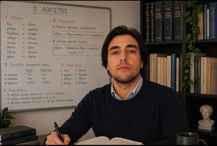 L’insegnante alla scrivania, davanti alla lavagna con lo schema dell’aoristo greco